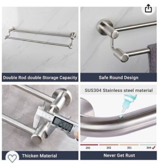 *NEW*Set Of 2 TocTen Stainless Steel Thicken Wall Mounted Double Bath Towel Bar - Picture 4 of 16